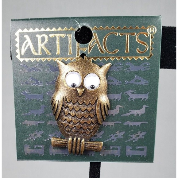 Vintage 1980's JJ Jonette Artifacts Owl on Tree Branch with Googly Eyes Tac Pin - Picture 1 of 10